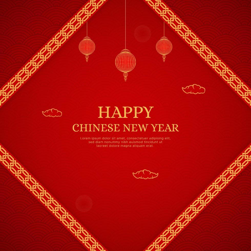 diseño de fondo de feliz año nuevo chino con borde de pinceles de patrón chino y linterna china vector