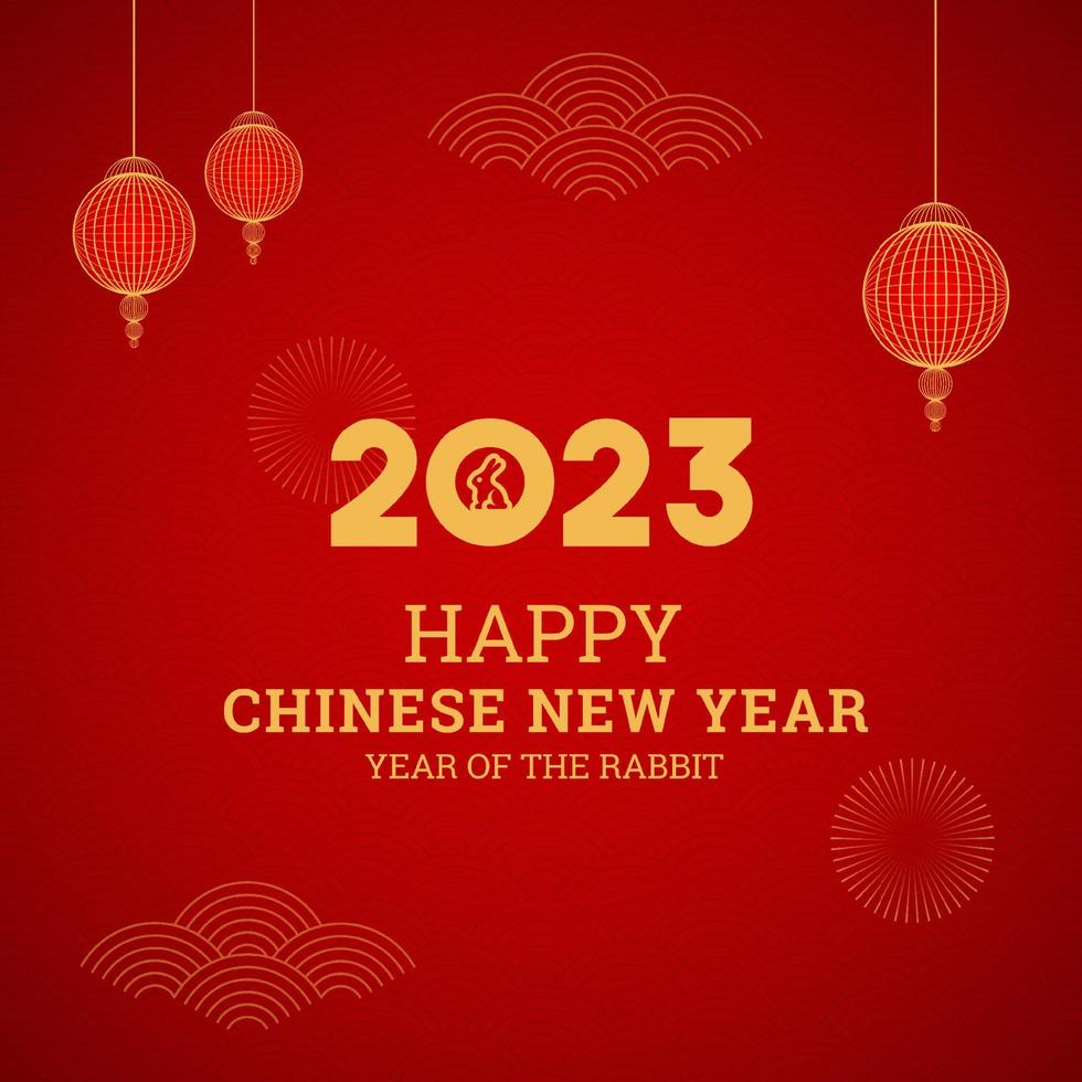 Happy Chinese New Year 2023 Red Background Design Year of The Rabbit With Chinese Lantern and Pattern vector
