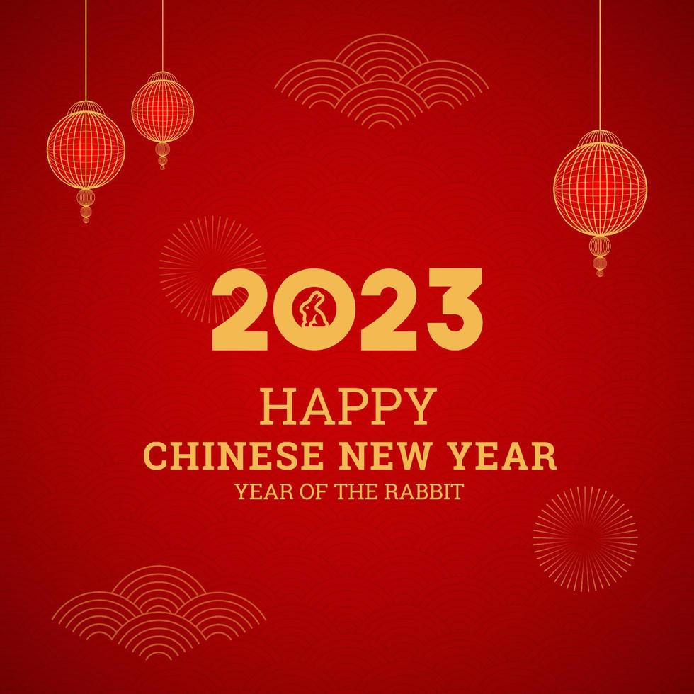 feliz año nuevo chino 2023 diseño de fondo rojo año del conejo con linterna china y patrón vector