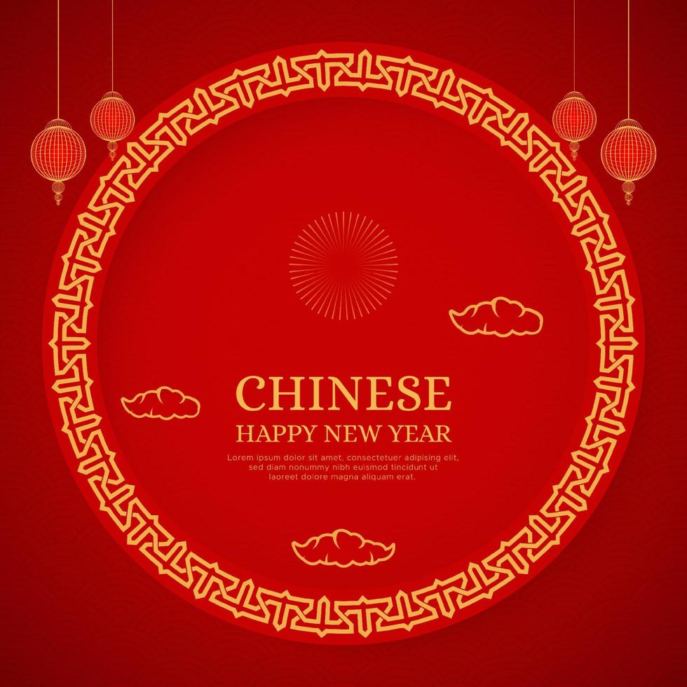 Chinese Happy New Year Red Background Design With Chinese Lanterns and Chinese Pattern Border vector