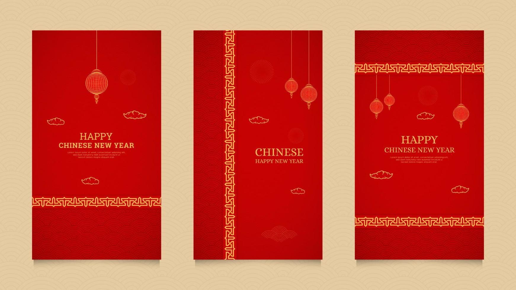 Happy Chinese New Year Social Media Stories Collection Template with Chinese Pattern Brushes Border and Chinese Lanterns vector