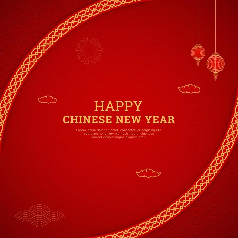 Chinese Happy New Year Background Design With Chinese Lanterns and Chinese Pattern Border vector