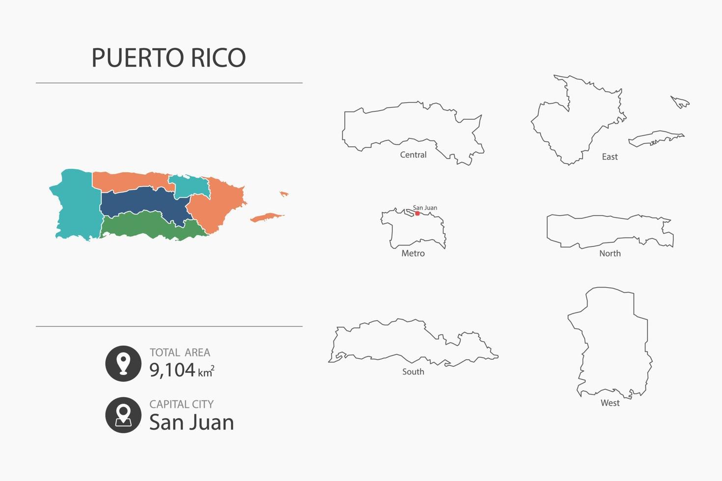 Map of Puerto Rico with detailed country map. Map elements of cities, total areas and capital. vector