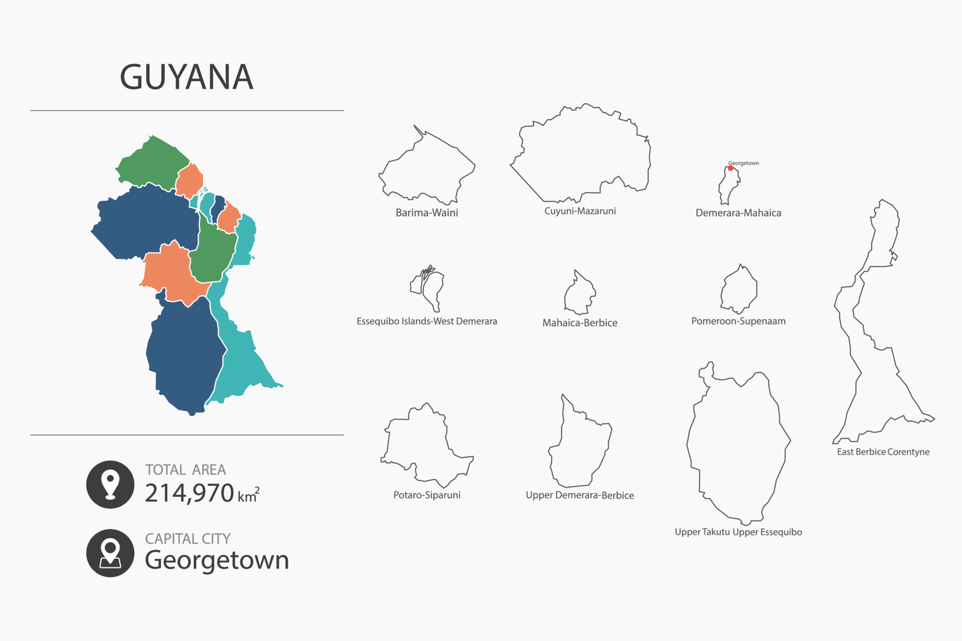 Map of Guyana with detailed country map. Map elements of cities, total