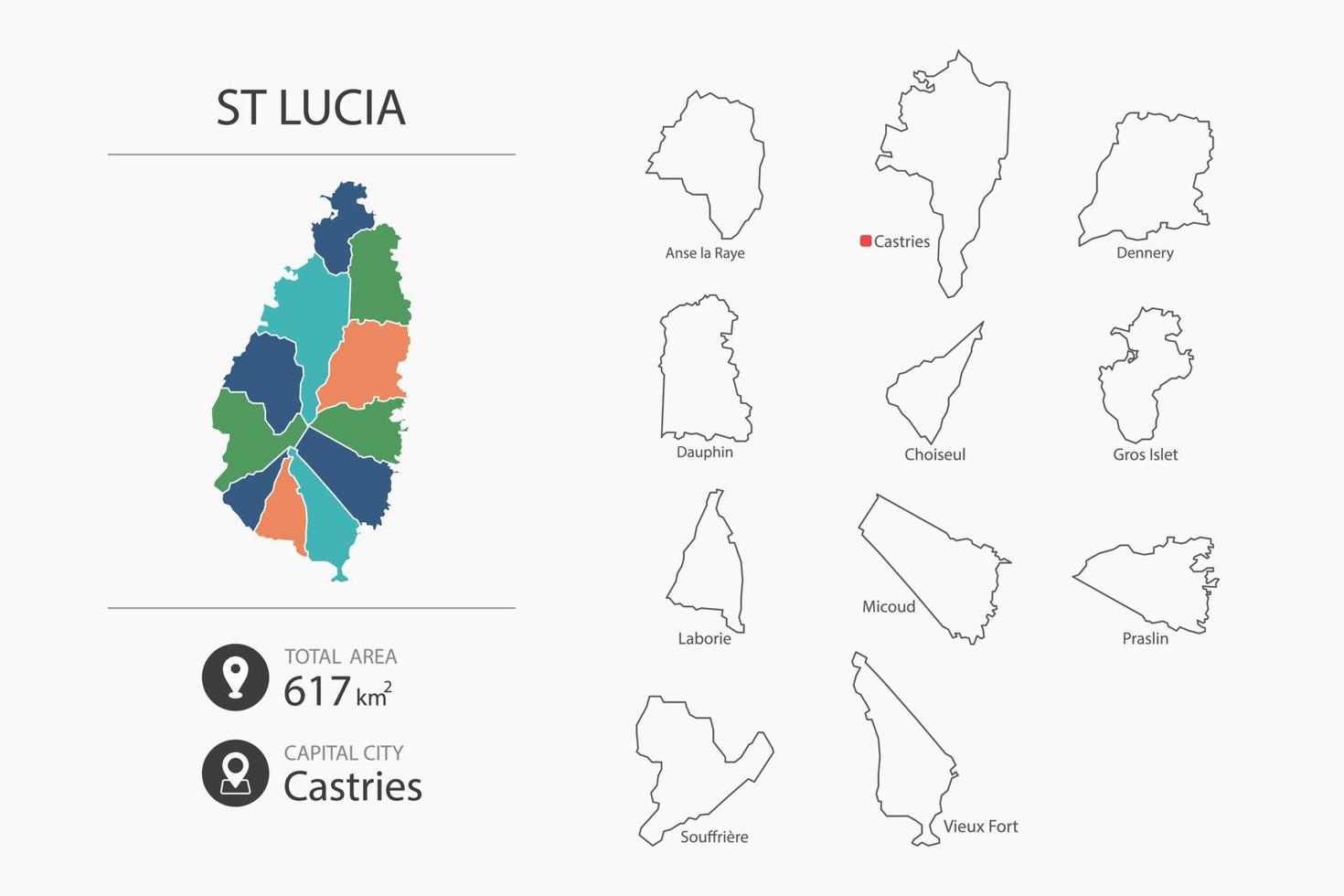 mapa de santa lucía con mapa detallado del país. elementos del mapa de ciudades, áreas totales y capital. vector