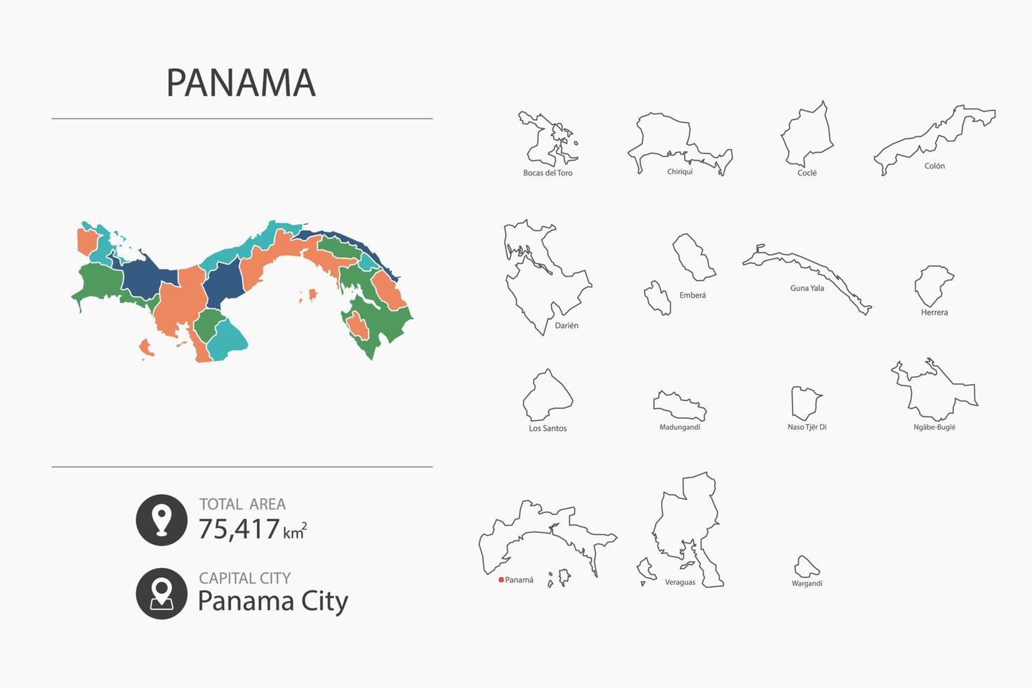 Map of Panama with detailed country map. Map elements of cities, total areas and capital. vector