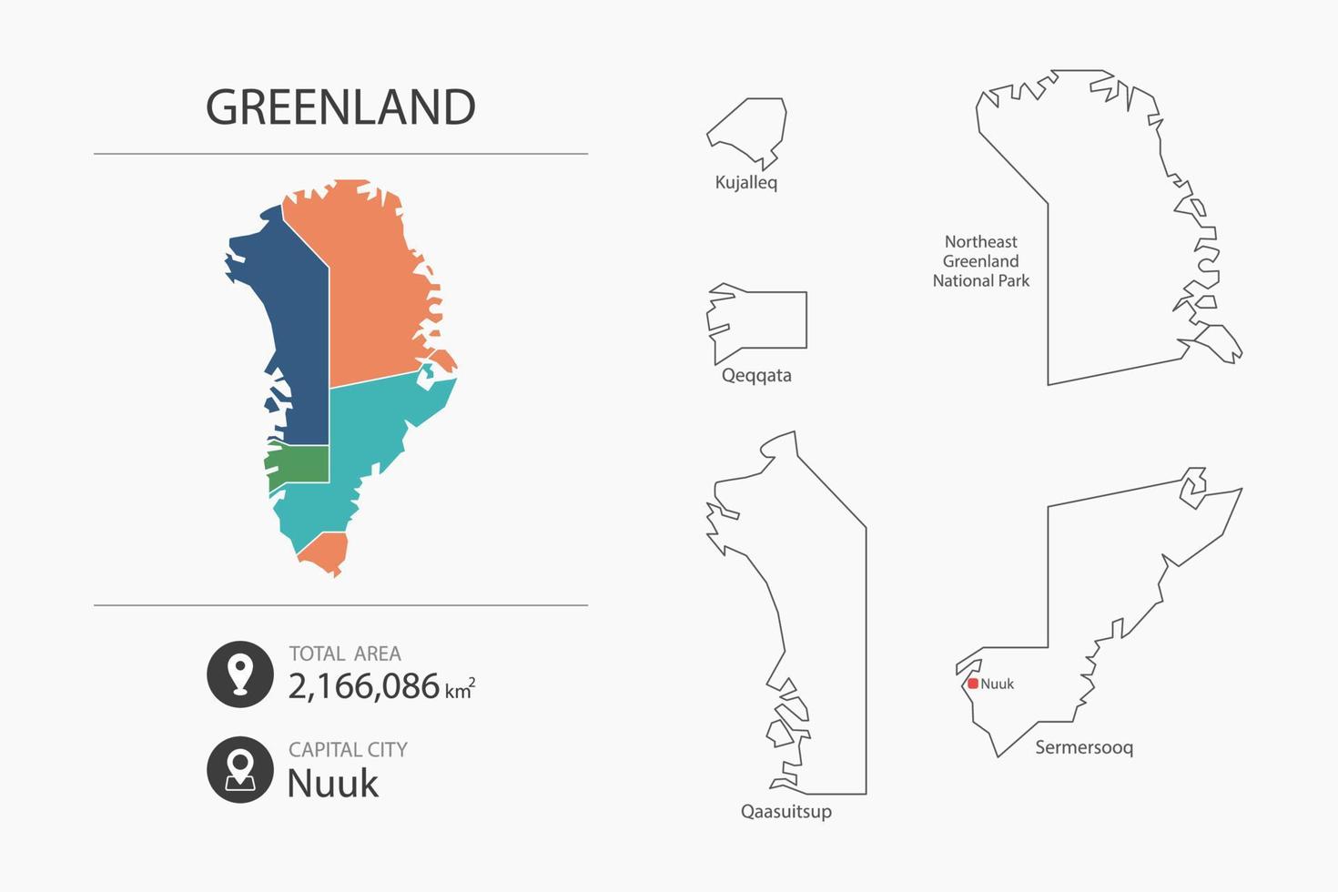 mapa de Groenlandia con mapa detallado del país. elementos del mapa de ciudades, áreas totales y capital. vector