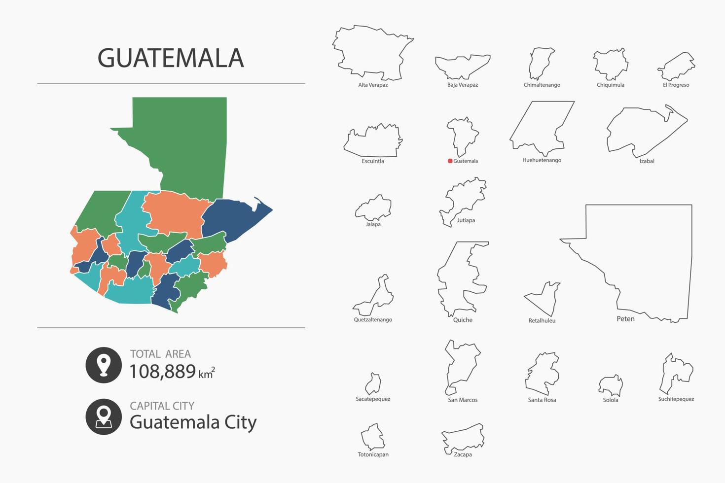 mapa de guatemala con mapa detallado del país. elementos del mapa de ciudades, áreas totales y capital. vector