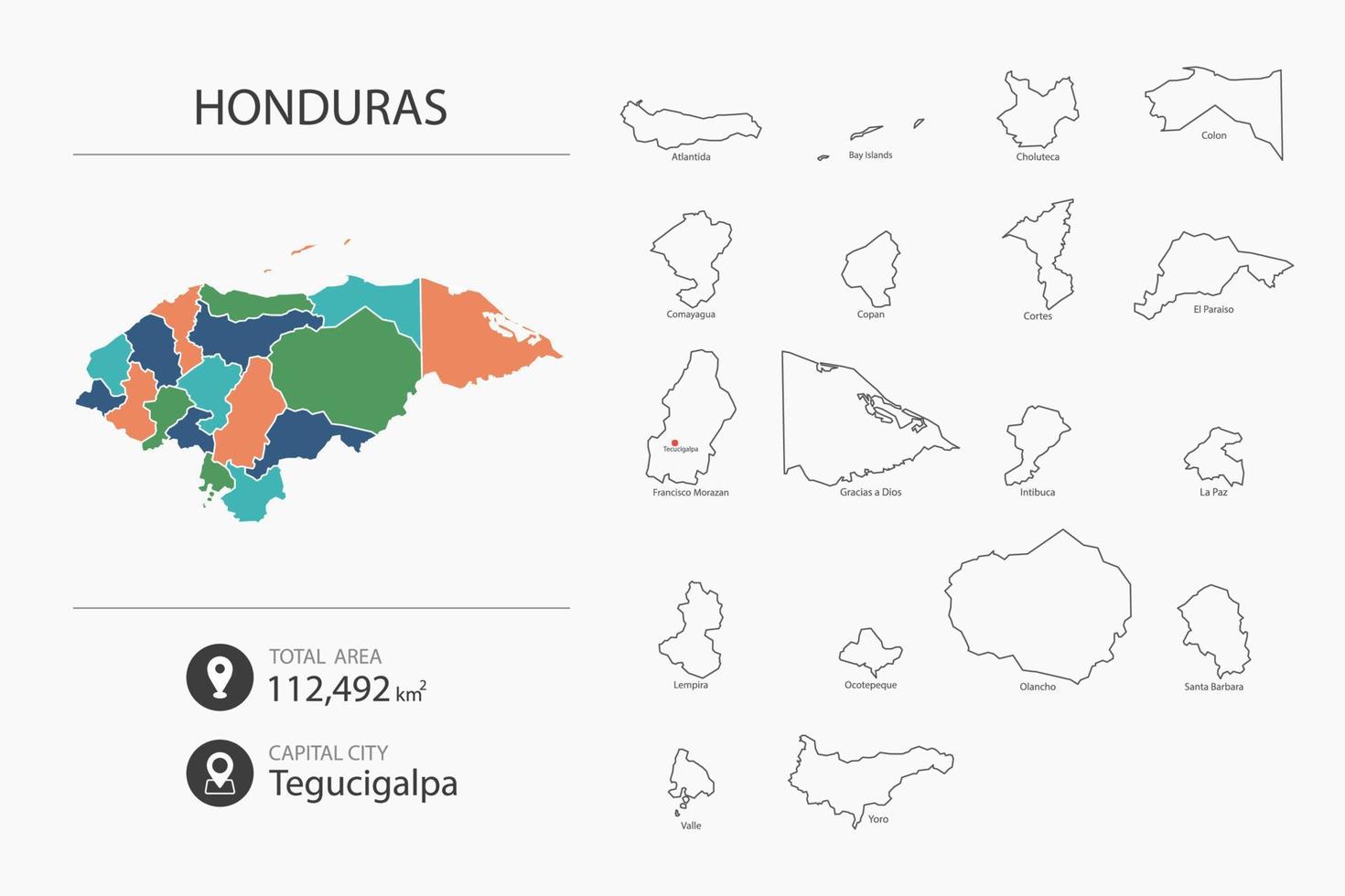 mapa de honduras con mapa detallado del país. elementos del mapa de ciudades, áreas totales y capital. vector