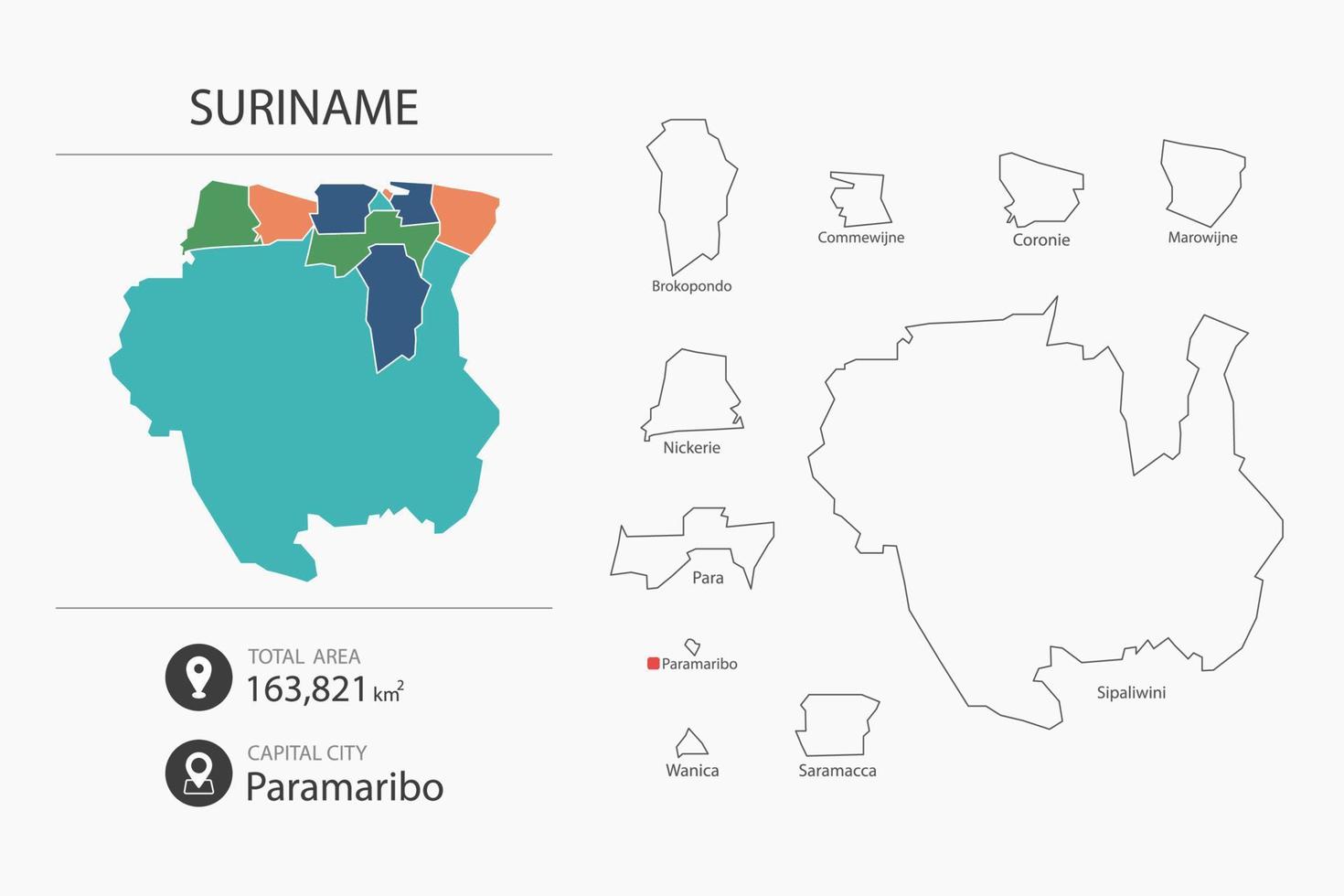Map of Suriname with detailed country map. Map elements of cities, total areas and capital. vector