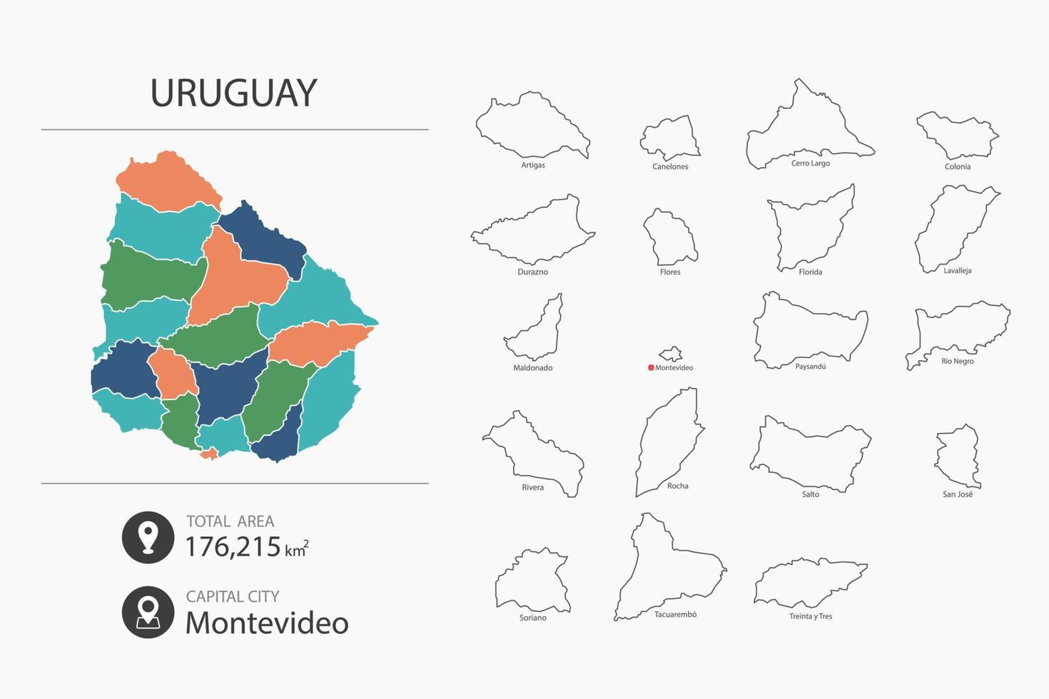 mapa de uruguay con mapa detallado del país. elementos del mapa de ciudades, áreas totales y capital. vector