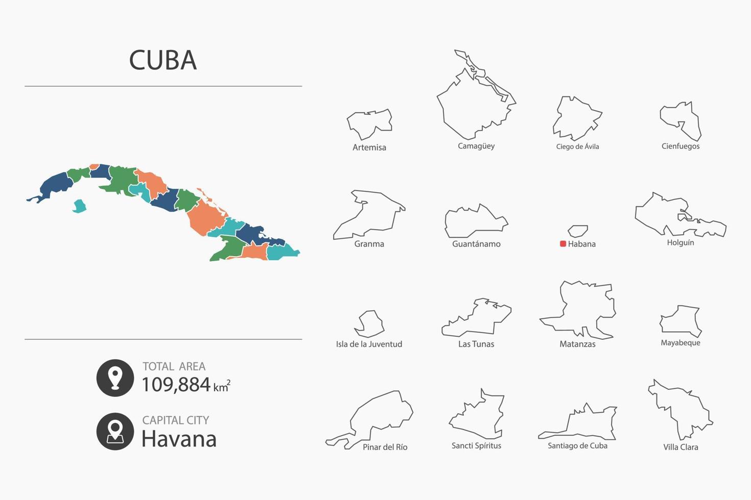 mapa de cuba con mapa detallado del país. elementos del mapa de ciudades, áreas totales y capital. vector