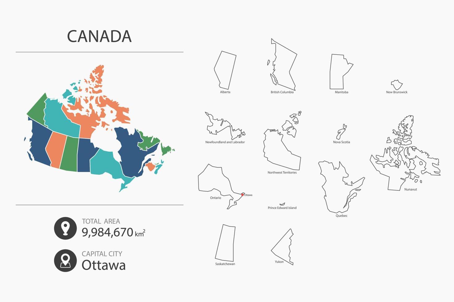 Map of Canada with detailed country map. Map elements of cities, total areas and capital. vector