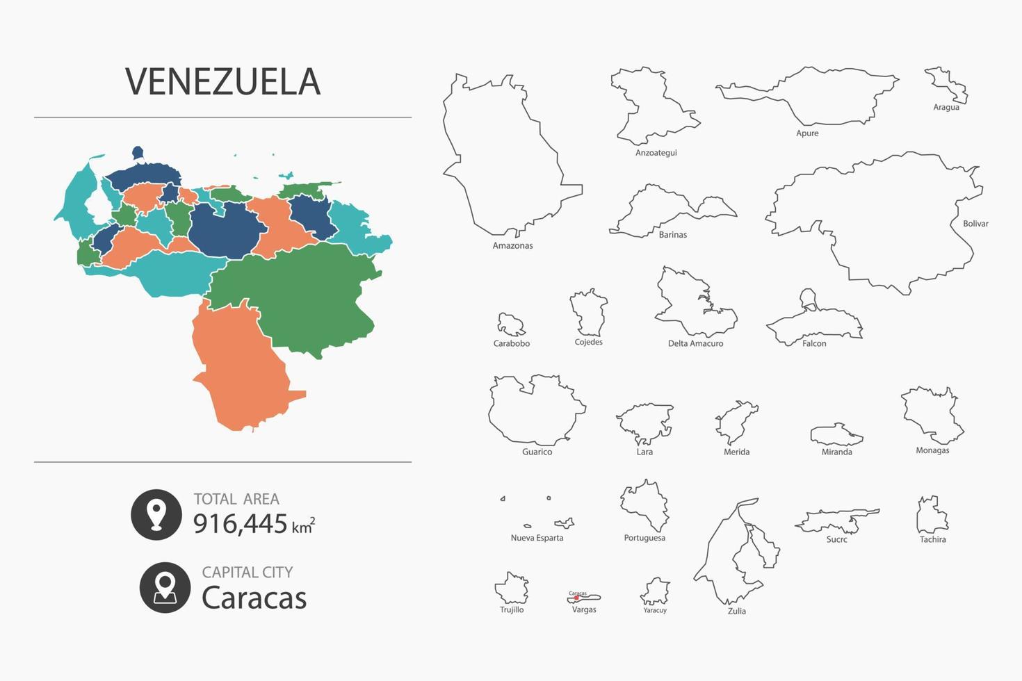 Map of Venezuela with detailed country map. Map elements of cities, total areas and capital. vector