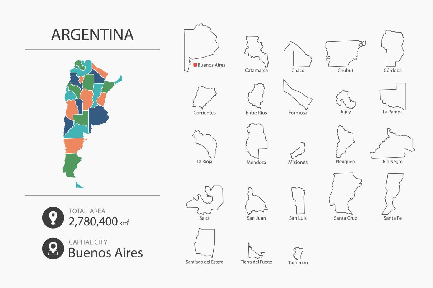 Map of Argentina with detailed country map. Map elements of cities, total areas and capital. vector