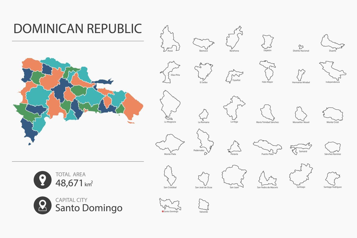 mapa de república dominicana con mapa detallado del país. elementos del mapa de ciudades, áreas totales y capital. vector