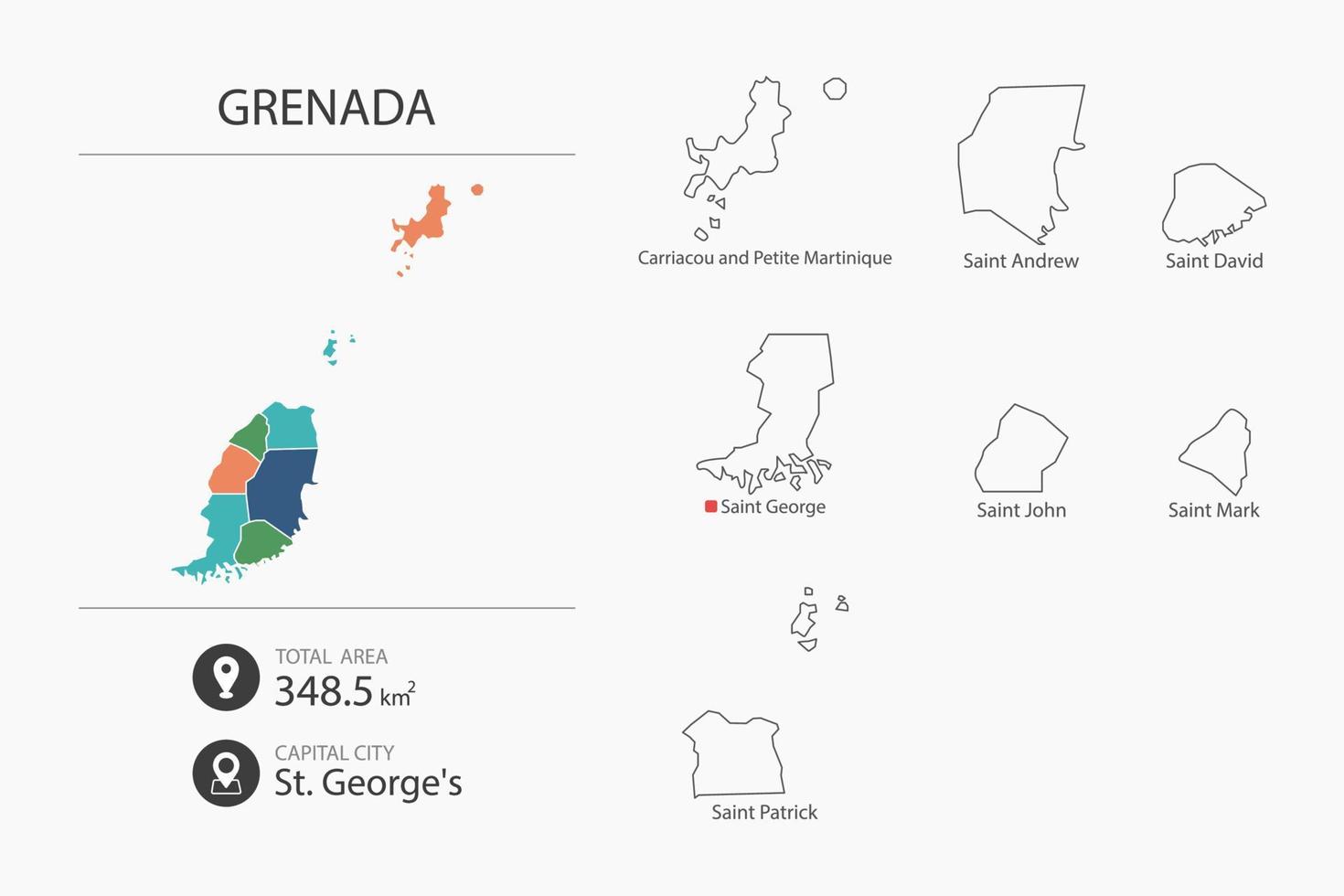 Map of Grenada with detailed country map. Map elements of cities, total areas and capital. vector