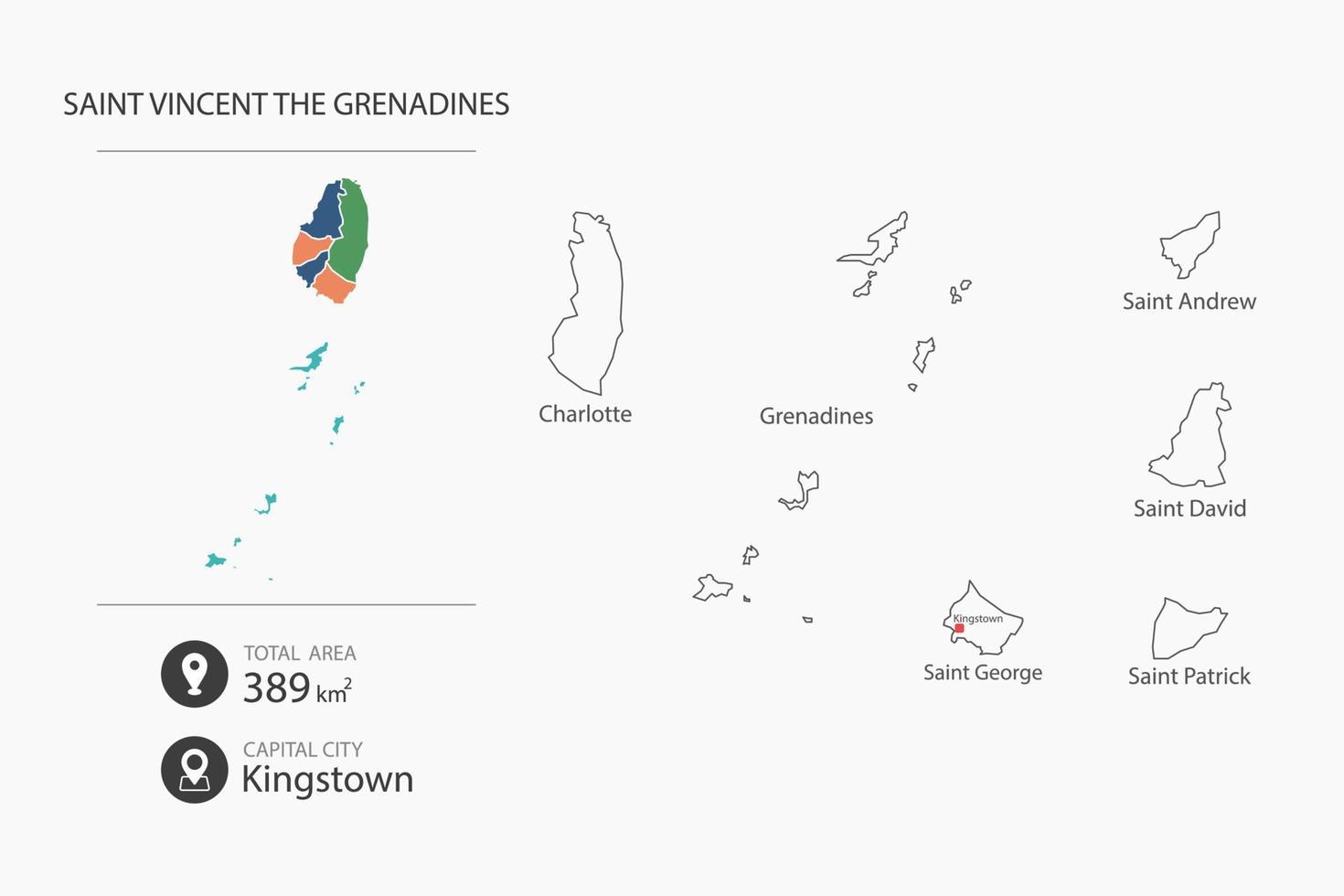 mapa de san vicente las granadinas con mapa detallado del país. elementos del mapa de ciudades, áreas totales y capital. vector