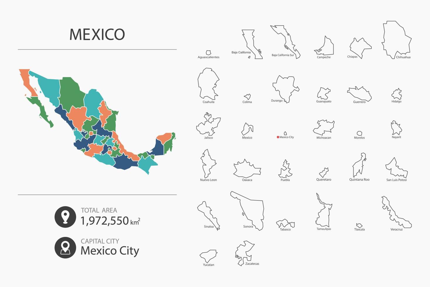 Map of Mexico with detailed country map. Map elements of cities, total areas and capital. vector