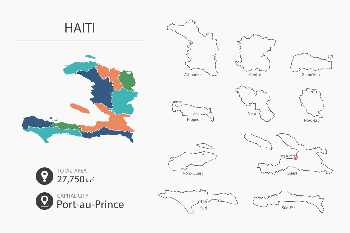 Map of Haiti with detailed country map. Map elements of cities, total areas and capital. vector
