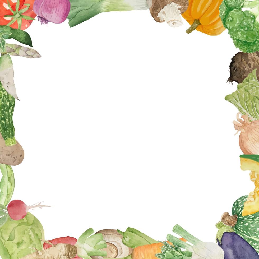 Watercolor frame with various vegetables on white background flat layout. Concept of healthy eating, food background. Frame of vegetables vector