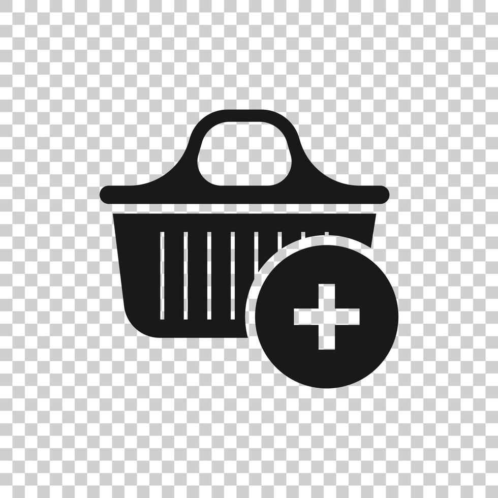 Add to cart icon in flat style. Shopping vector illustration on white isolated background. Basket with plus sign business concept.