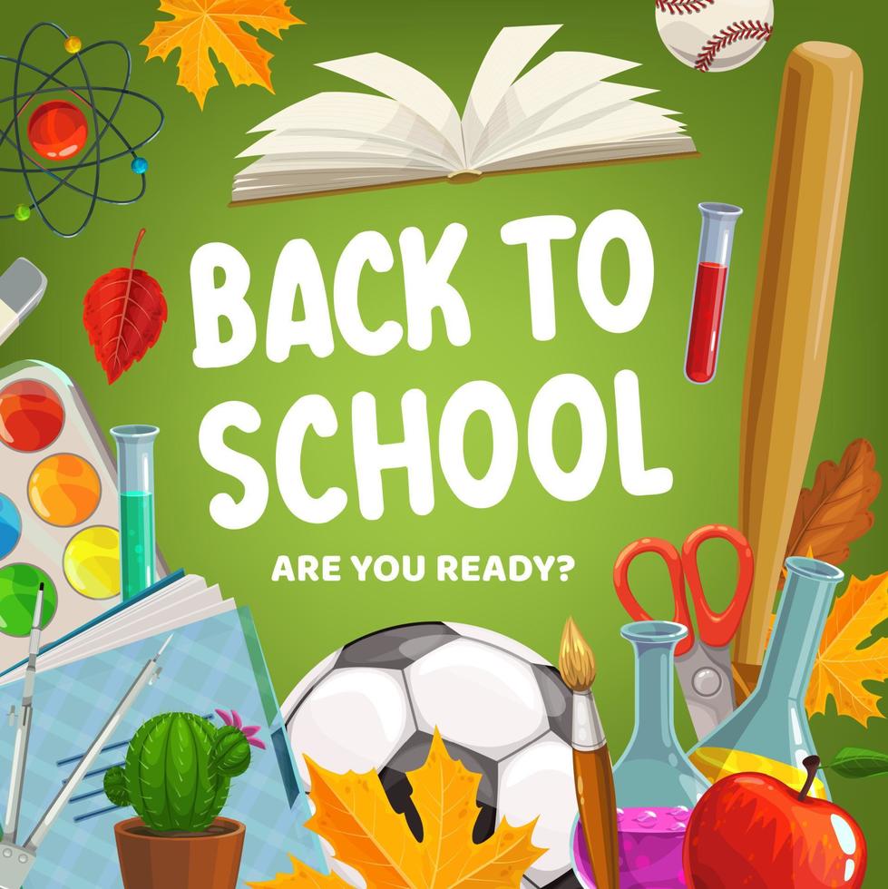 Back to School poster, education study supplies vector