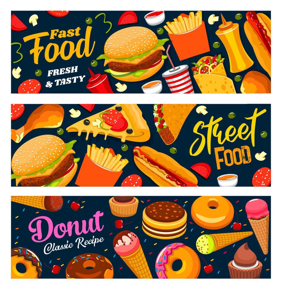 Fastfood, street food burgers, drinks and donuts vector