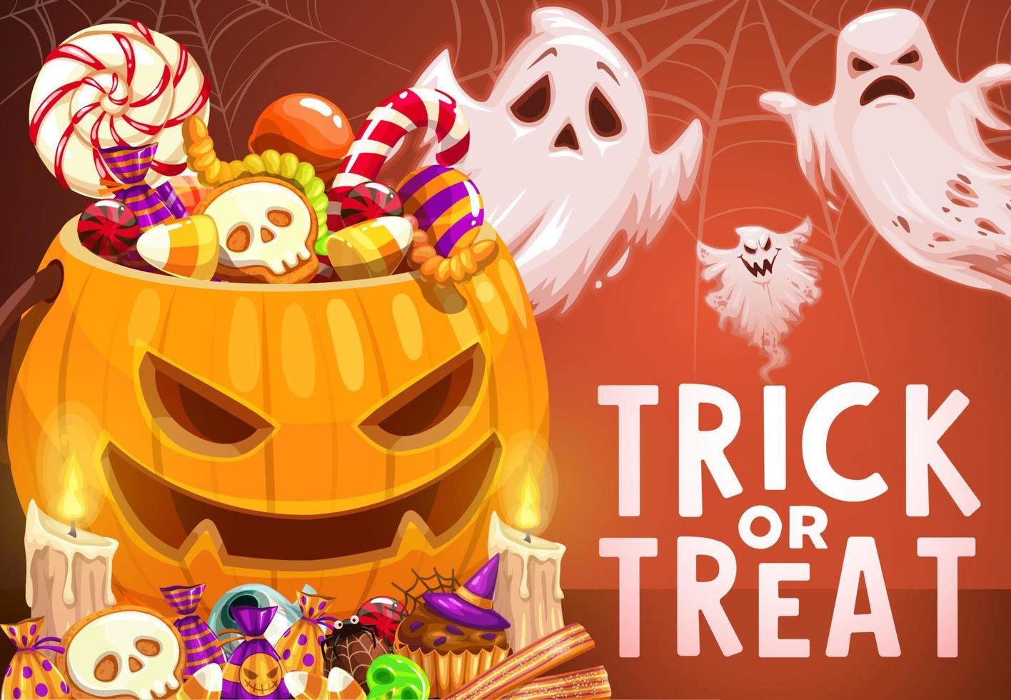 Halloween pumpkin, trick or treat candies, ghosts vector