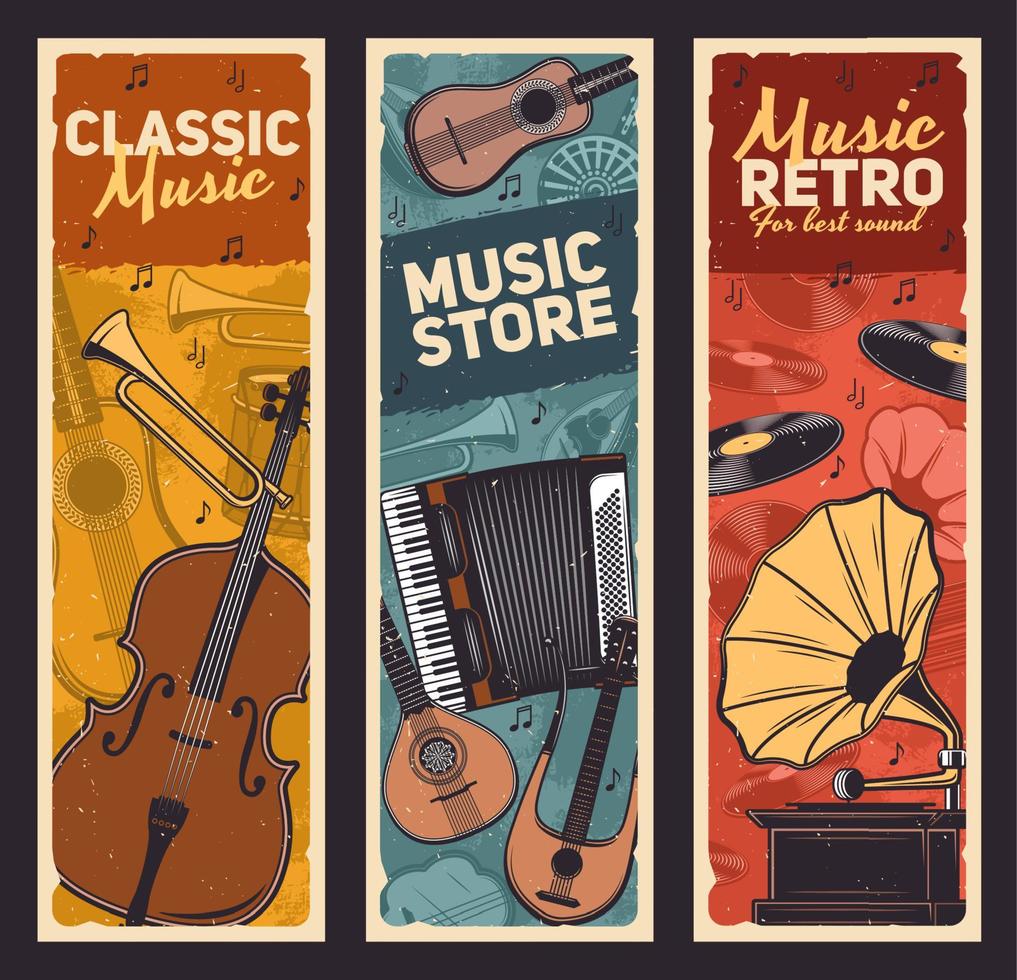 Guitar, trumpet, vinyl records. Music instruments vector