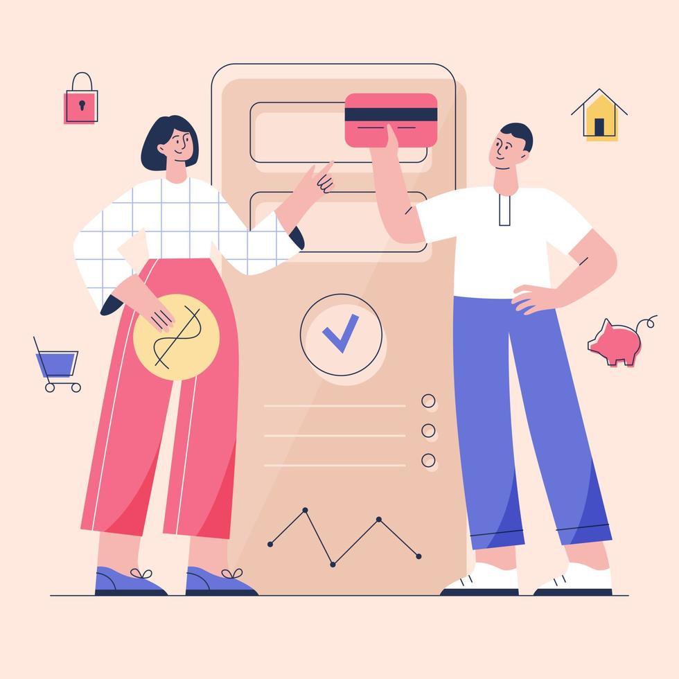 Concept of finance app or online banking. Two people stand with money and card on phone screen background. Flat vector illustration.