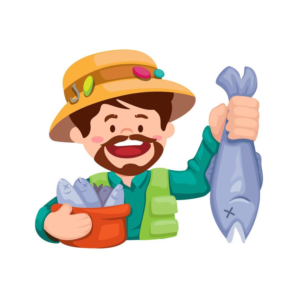 Fisherman holding big fish character symbol cartoon illustration vector