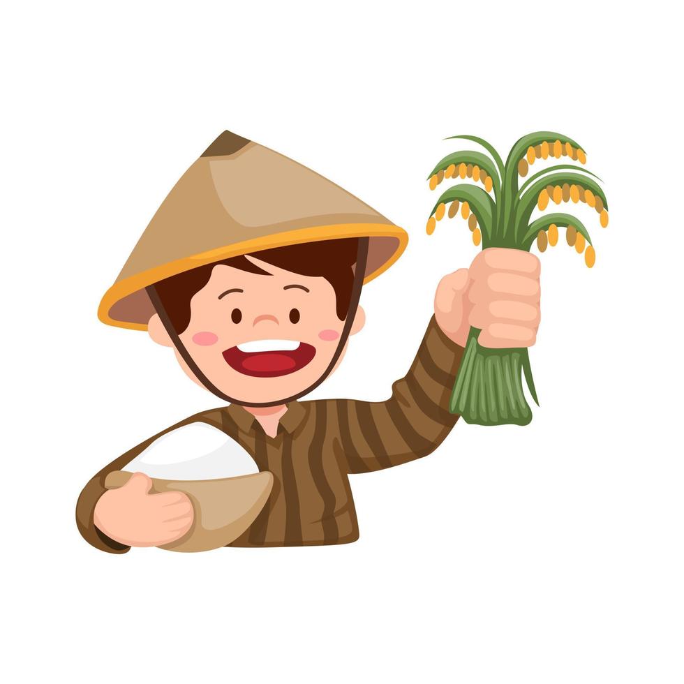 Traditional farmer holding rice paddy plant. agriculture harvest symbol character mascot illustration vector