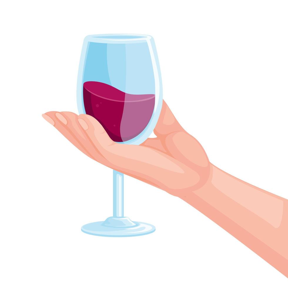 Hand holding wine drink on glass symbol cartoon illustration vector