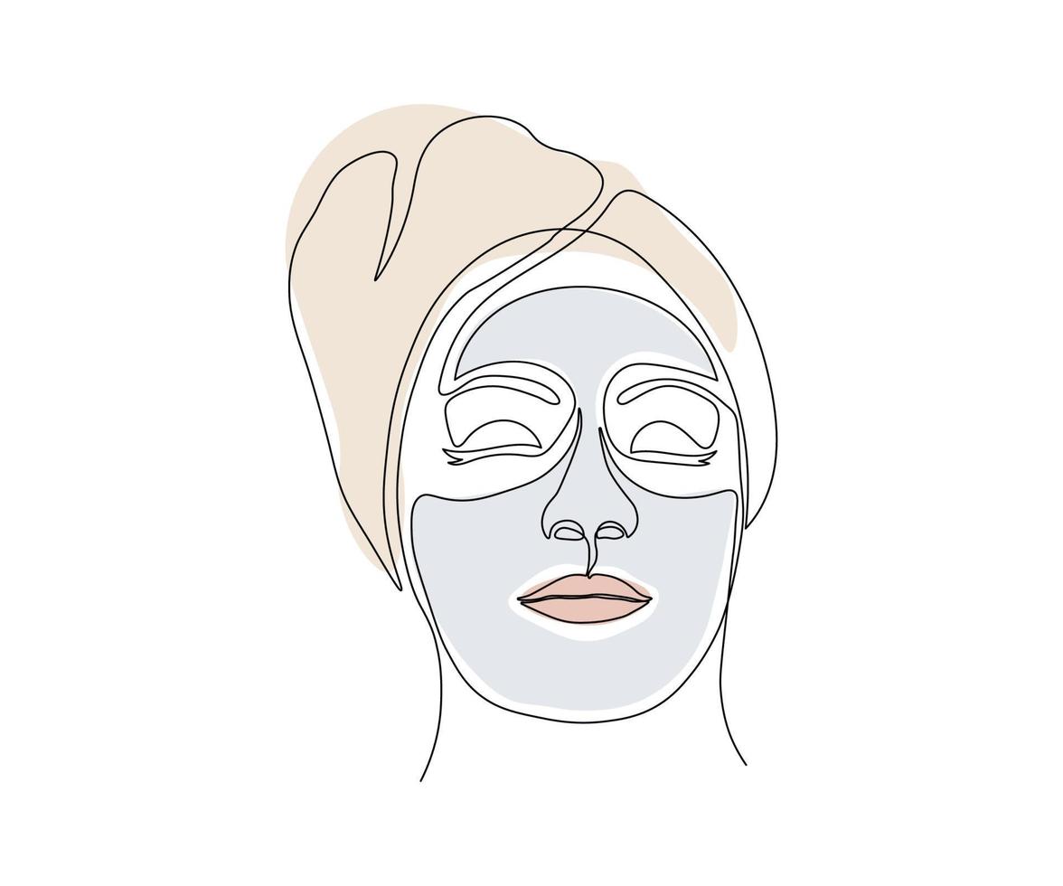 abstract portrait of a girl with a cream mask on her face, hand drawn, mono line, one line art. Logo of SPA salon, massage salon, beauty salon vector