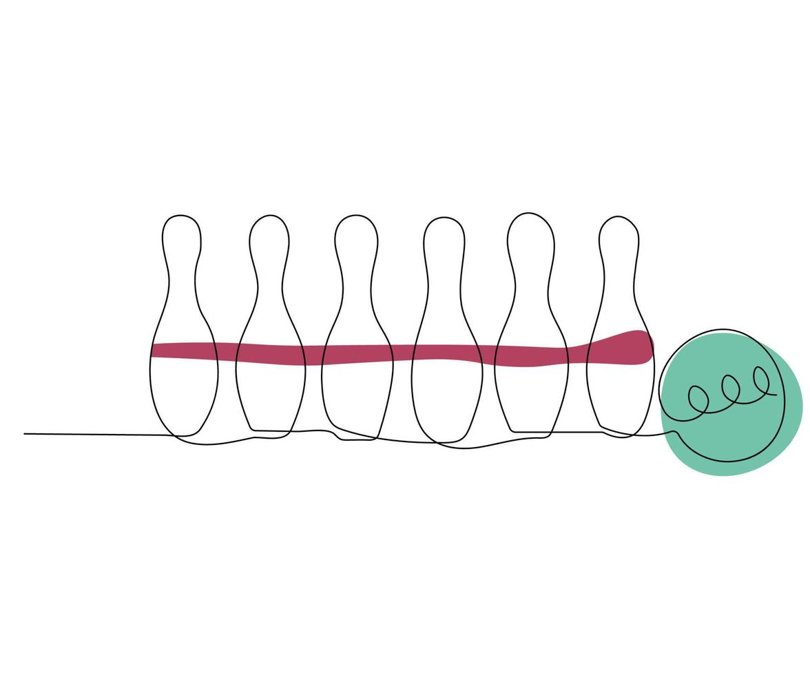 bolera. bolos y una bola de bolos. línea mono, arte de una sola línea, línea continua vector