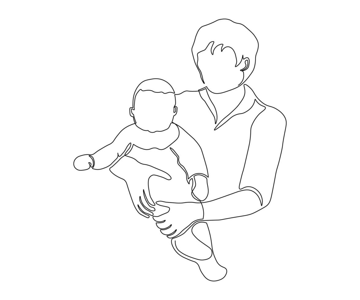 una familia, una madre con un niño en brazos, dibujadas a mano, línea mono, arte de una línea vector