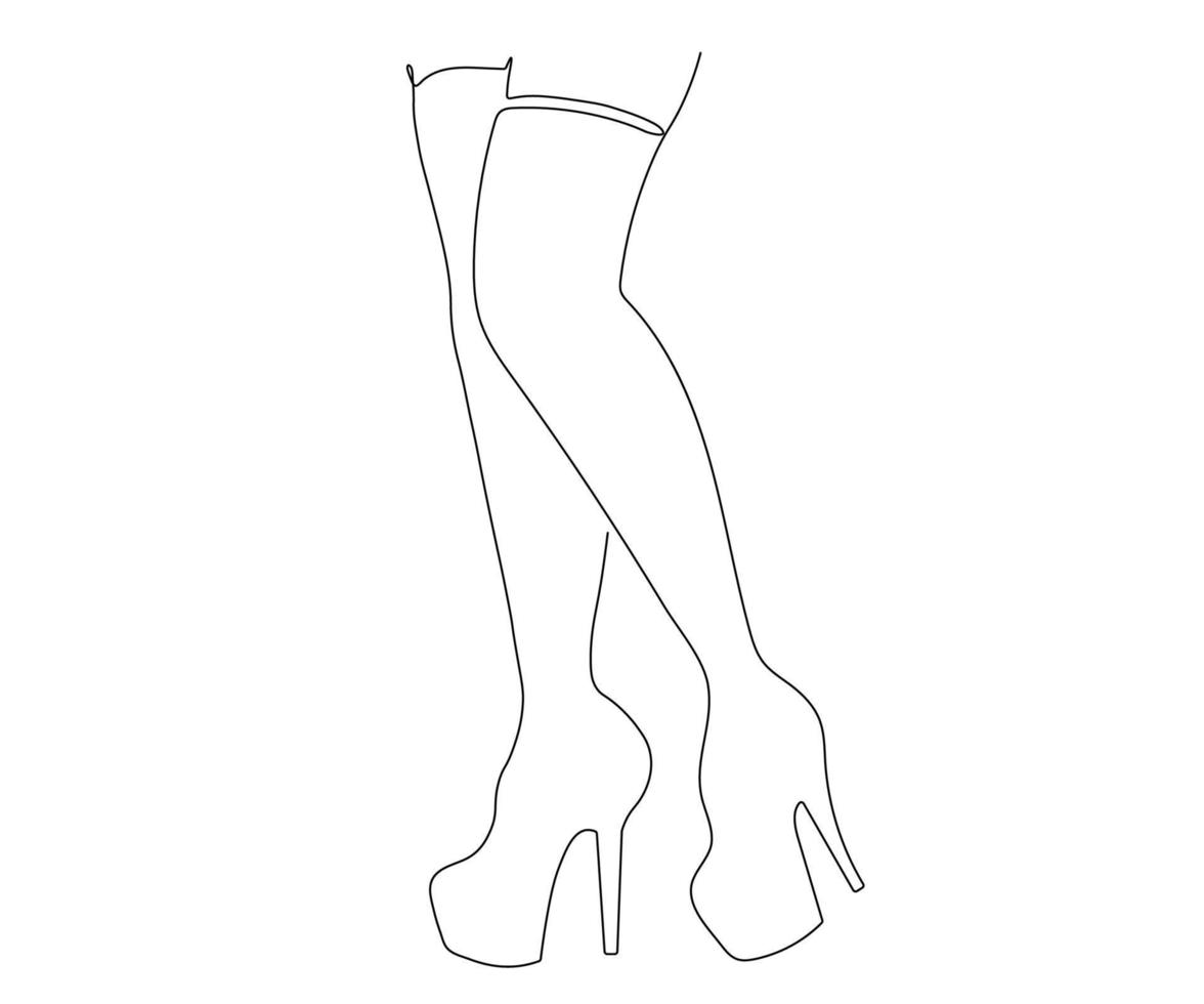 black and white monochrome logo of women's feet in shoes with very high heels. Mono line, single line art, continuous line vector