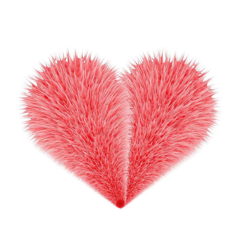 Funny fur heart. Fluffy cute realistic 3D  red heart. Hairy cartoons design. Vector illustration