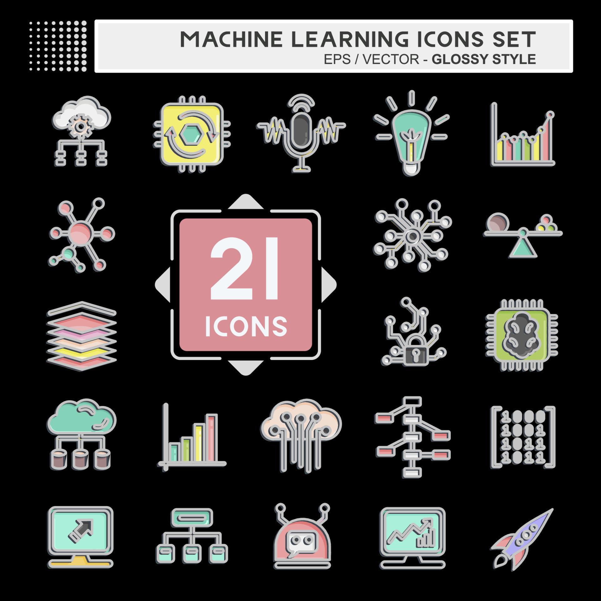 Icon Set Machine Learning. related to Machine Learning symbol. Glossy ...