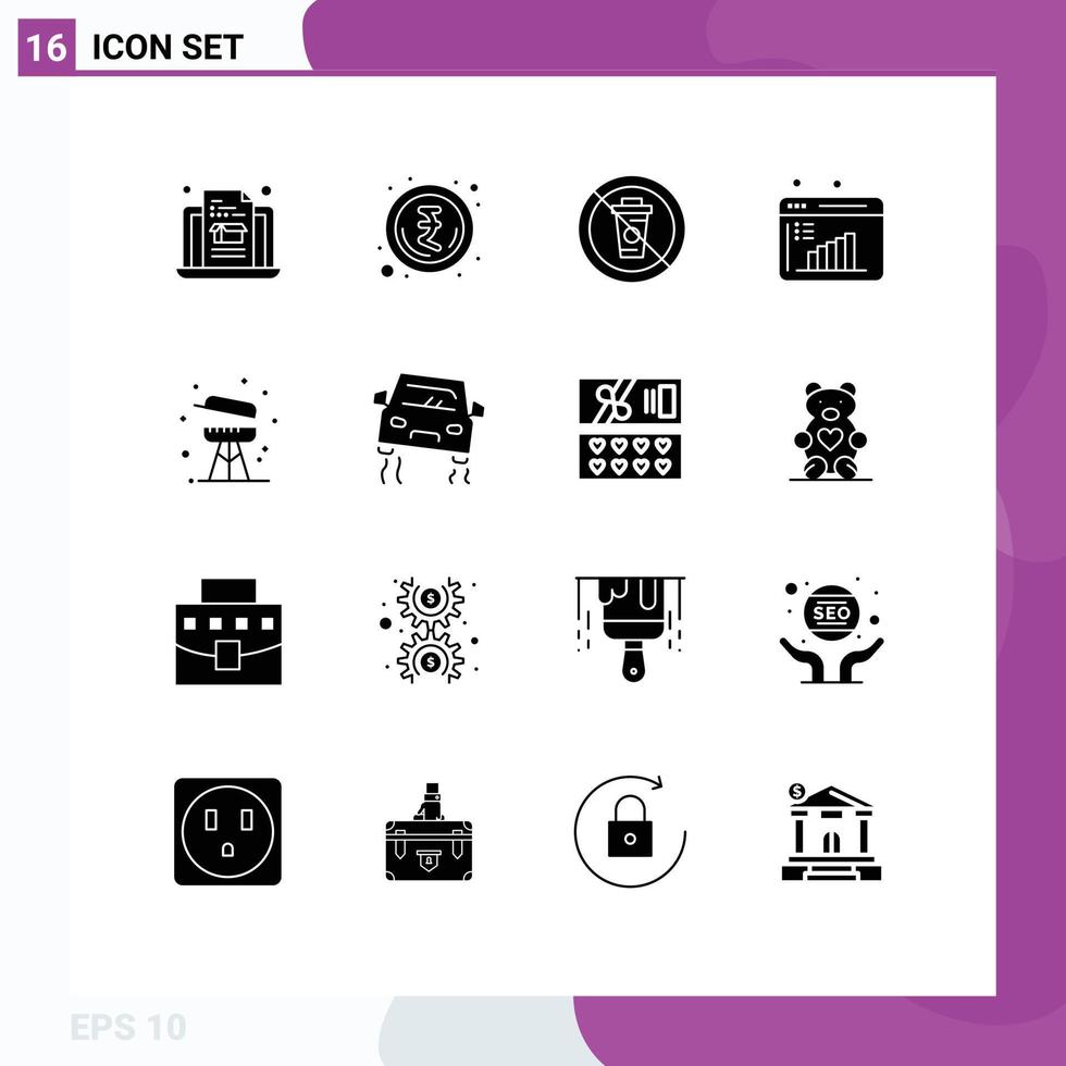 16 Thematic Vector Solid Glyphs and Editable Symbols of equipment barbecue food data evaluation business research Editable Vector Design Elements
