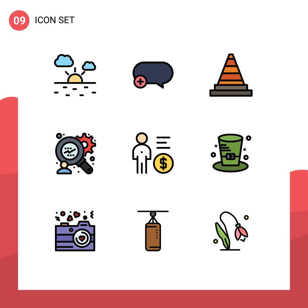 User Interface Pack of 9 Basic Filledline Flat Colors of person mind construction management finance analysis Editable Vector Design Elements