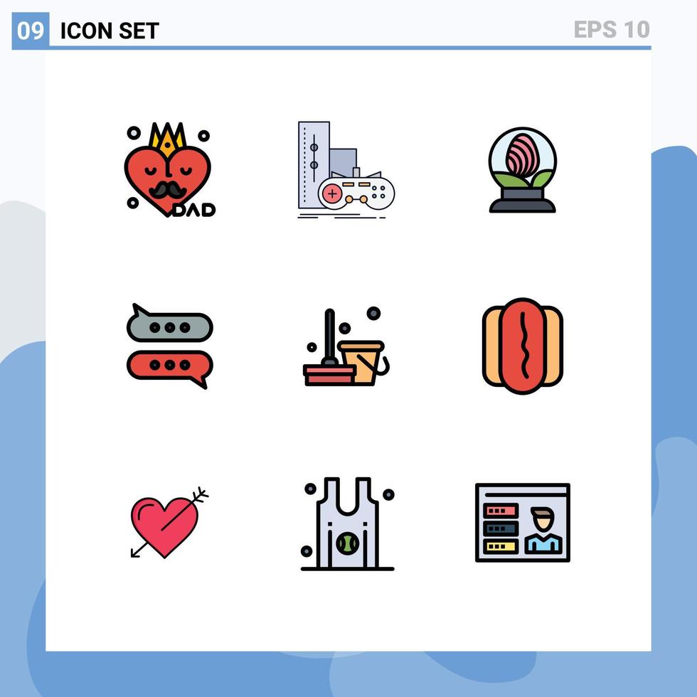 Set of 9 Commercial Filledline Flat Colors pack for broom message playstation chat easter Editable Vector Design Elements