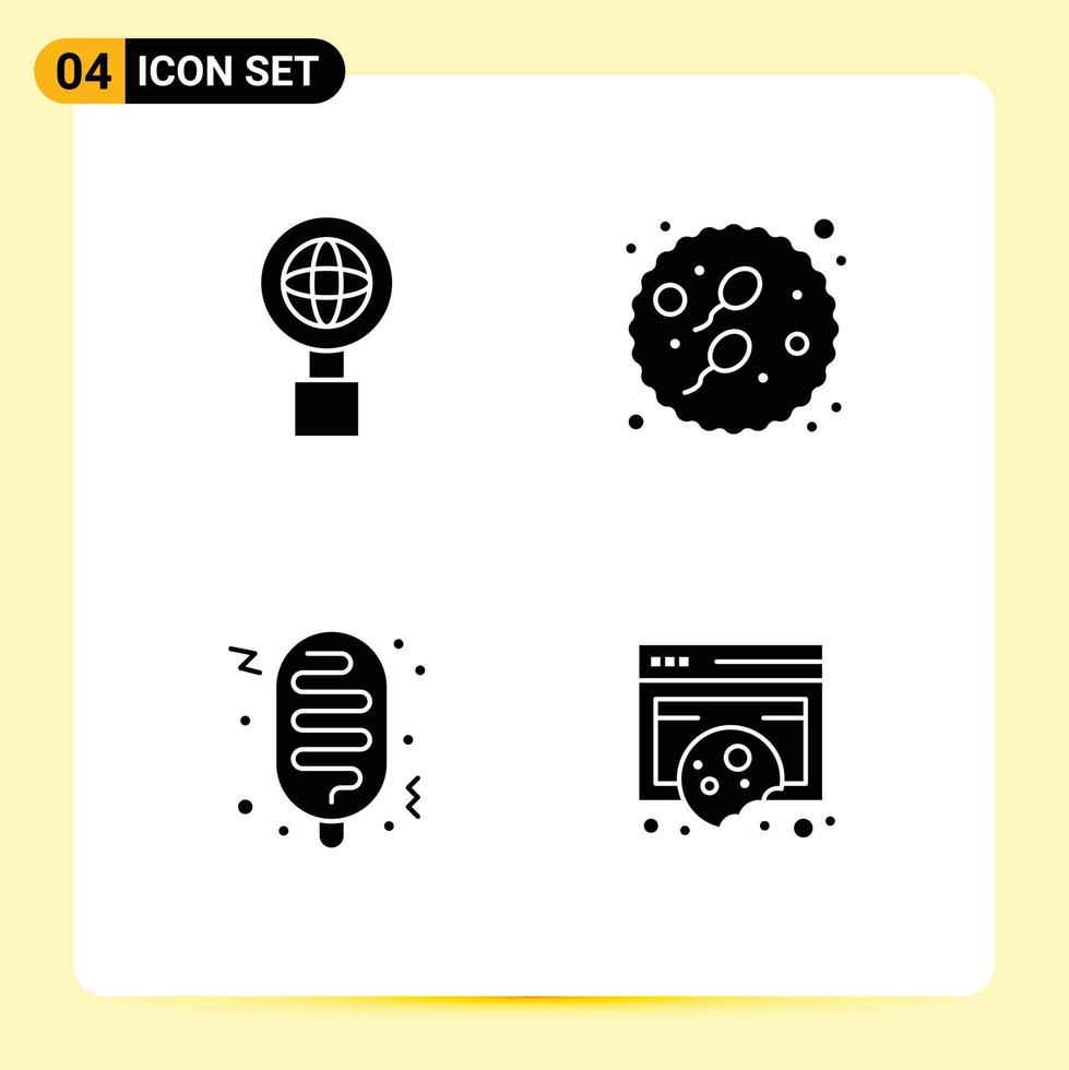 4 User Interface Solid Glyph Pack of modern Signs and Symbols of globe fast adult sperm cookies Editable Vector Design Elements