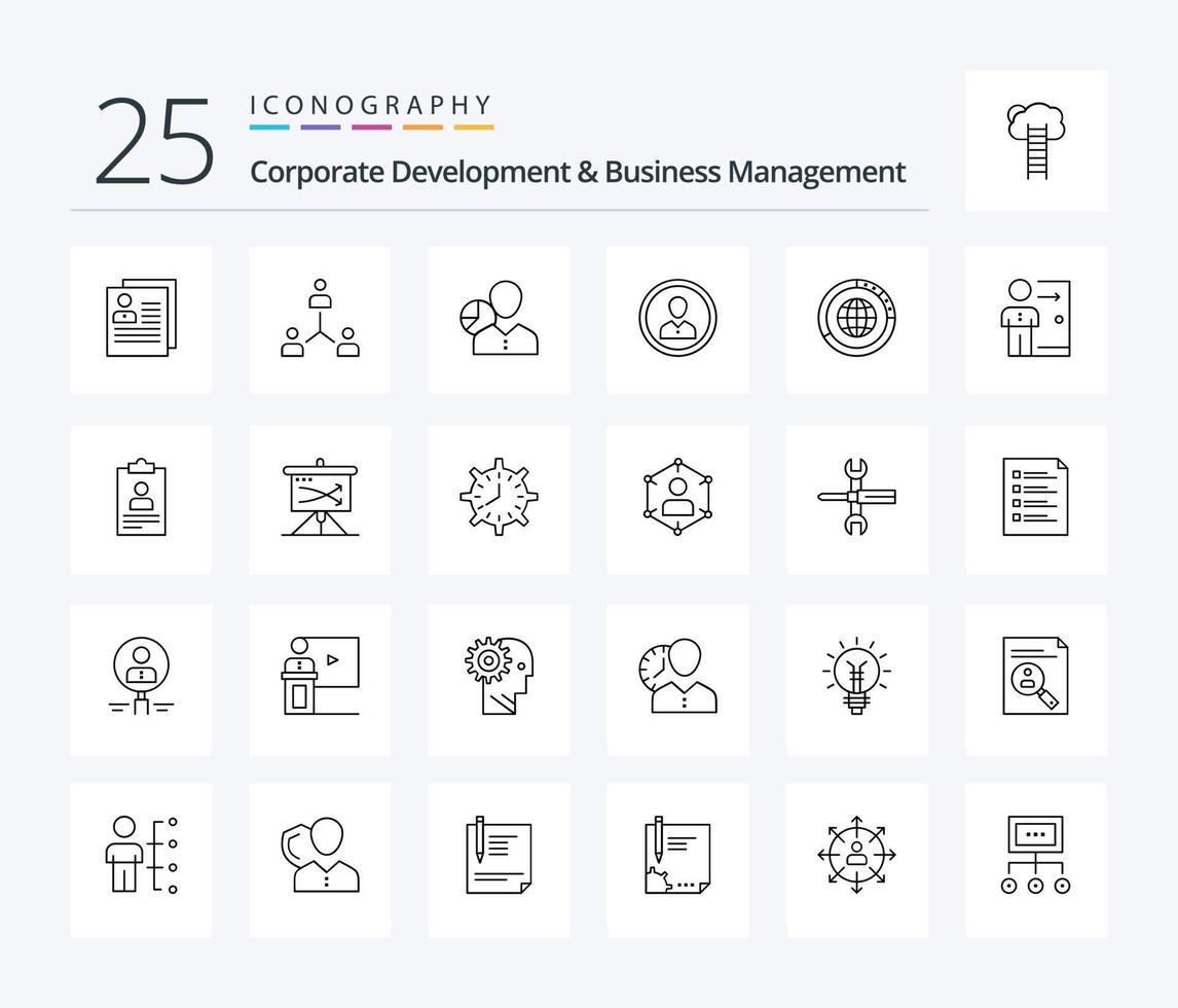 Corporate Development And Business Management 25 Line icon pack including manager. data. cooperation. chart. team vector