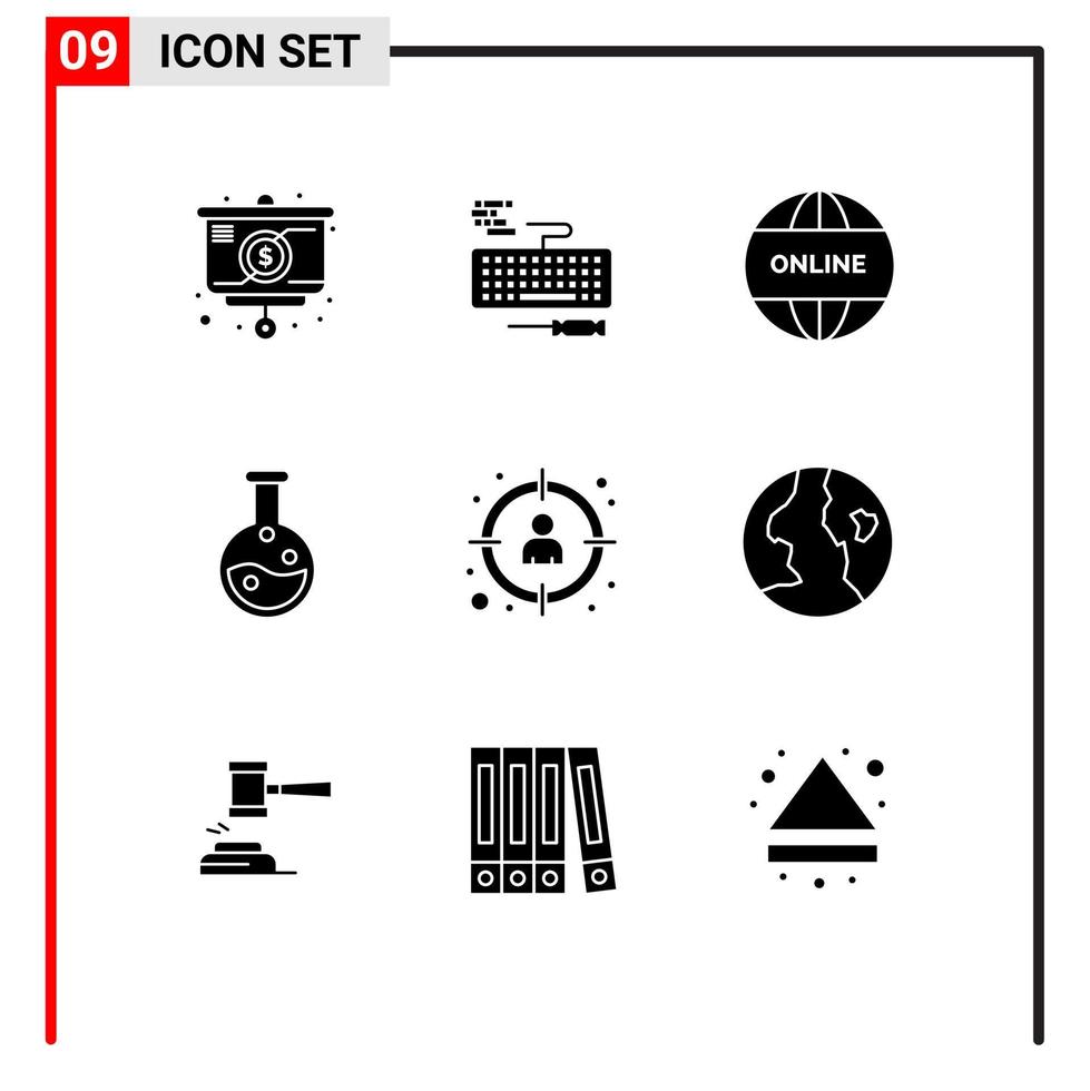 conjunto de pictogramas de 9 glifos sólidos simples de gestión de perfiles educación de laboratorio de negocios elementos de diseño de vectores editables