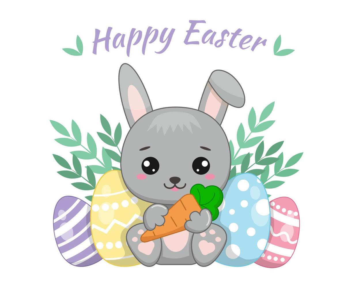 Cute cartoon bunny with carrots and Easter eggs vector