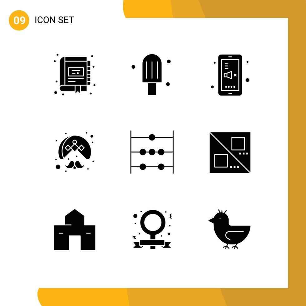 Group of 9 Solid Glyphs Signs and Symbols for abacus turban back to school person indian Editable Vector Design Elements