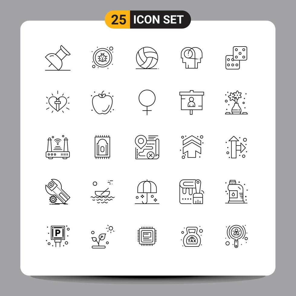 25 Universal Line Signs Symbols of love dice game casino hearing Editable Vector Design Elements