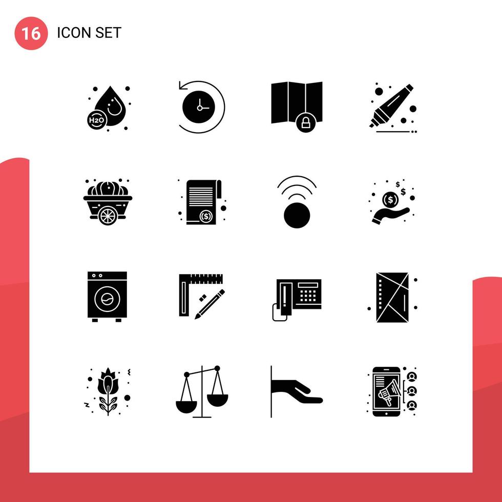 16 Solid Glyph concept for Websites Mobile and Apps document squash lock pumpkin remover Editable Vector Design Elements